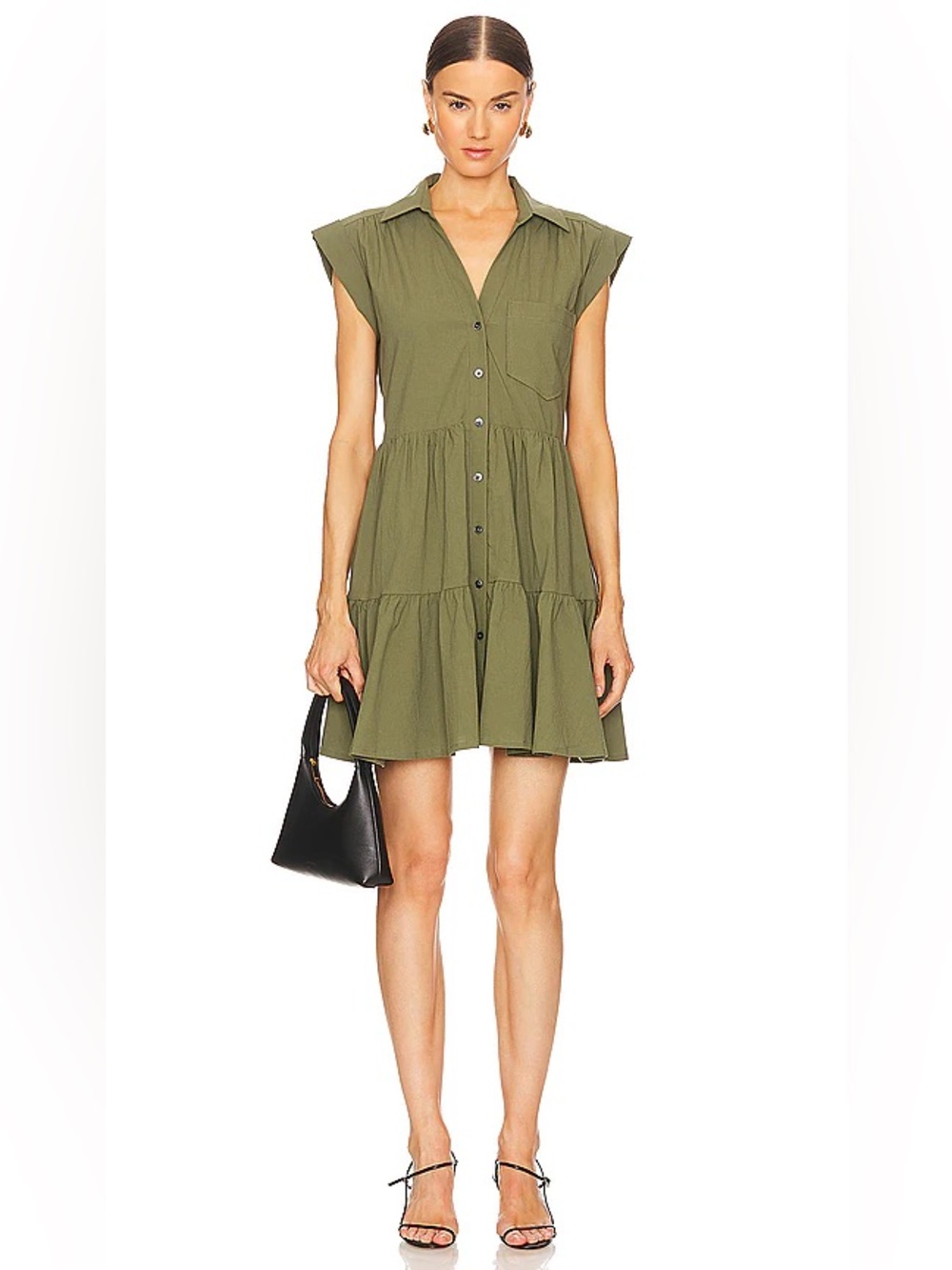 VERONICA BEARD Trisha Button Front Tiered Mini Dress in Stone Army Womens Large